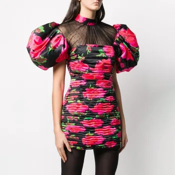 

Vintage Puff Sleeve Women Dress 2020 Summer Elegant Floral Printed Draped Slim Mini Dress Female
