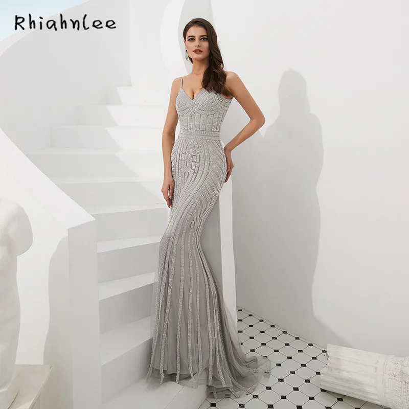 Rhiahn, сексуальные серые вечерние платья, спагетти ремень, vestidos de festa, бисерное милое декольте, диамонт, официальное платье, реальные фотографии