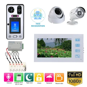 

7'' Record Wired Video Door Phone Doorbell Intercom System with Face Recognition Fingerprint RFIC 1080P and 2CH Security Camera
