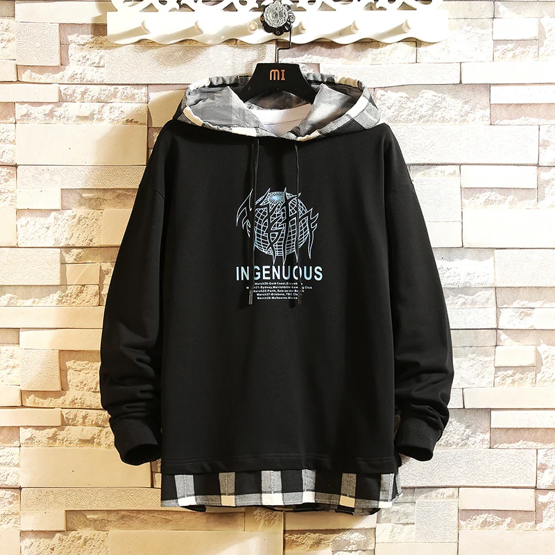 

New Fashion Men's Hooded Pullover Printed Hoodie Cool Fake Two-Piece Plaid Jacket Men