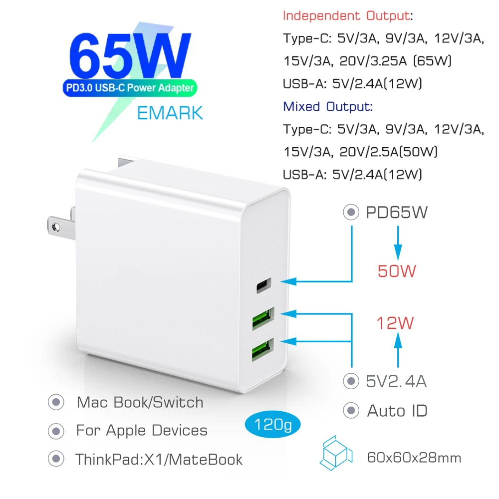 65W USB-C стены Зарядное устройство, 1 Порты и разъёмы PD/QC3.0 2 Порты и разъёмы USB Смарт 2.4A 12 Вт, 60 Вт, 45 Вт для USB-C ноутбуки MacBook Pro/Воздушный iPad Pro S9/S10