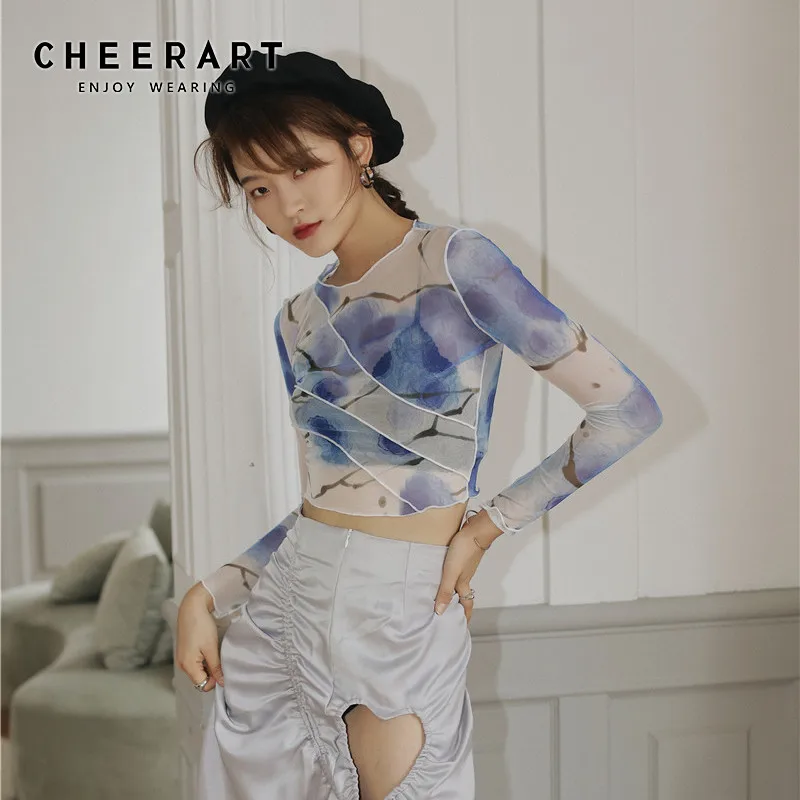 Женский сетчатый укороченный топ CHEERART футболка с длинным рукавом Прозрачная