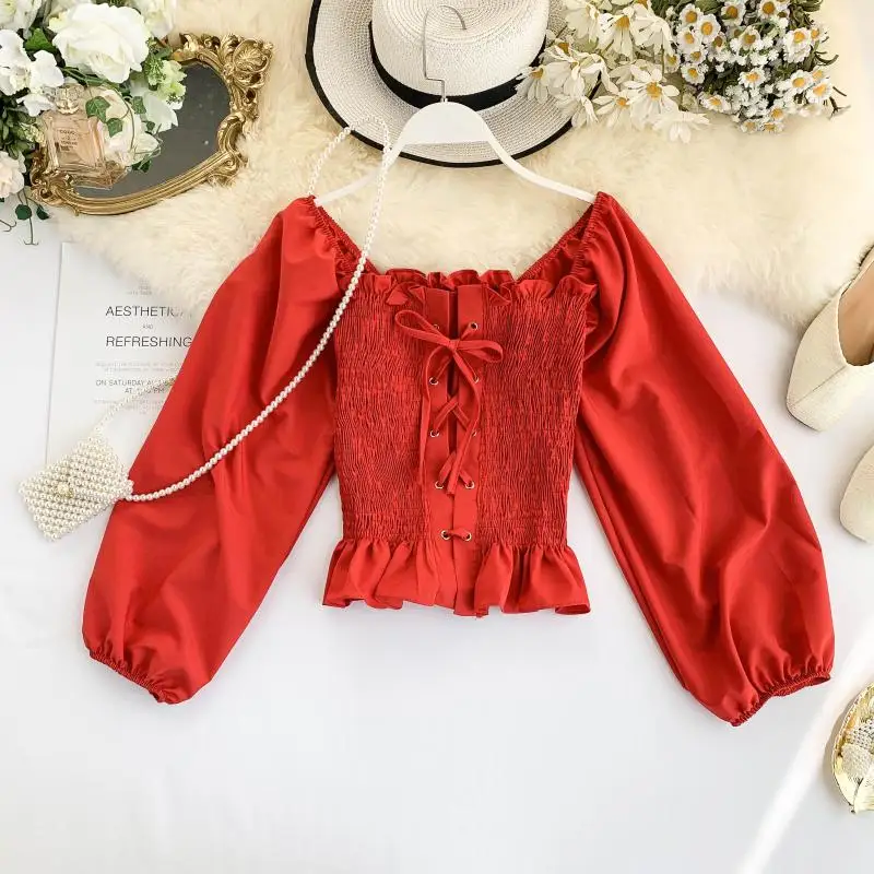 

Woman New Korean Short Crop Tops High Waist Chic Autumn 2019 Slash Neck Long Sleeve Solid Color Blouse Shirts J457