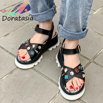 

DORATASIA Women Brand Genuine Leather Rhinestone Shoes Summer Wedges Sandals Women Summer Comforatable Platform Sandals