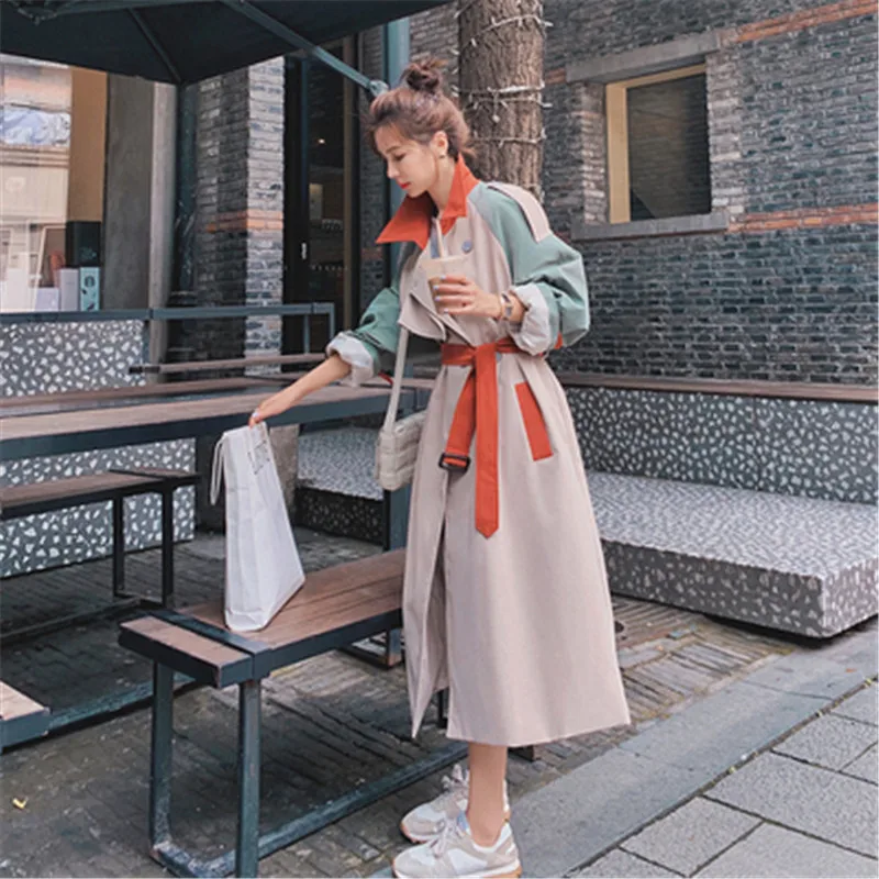 

2022 new style Contrast Stitching Windbreaker Women's Clothing mid-length Spring Autumn Korean loose Long Trench Coat g564