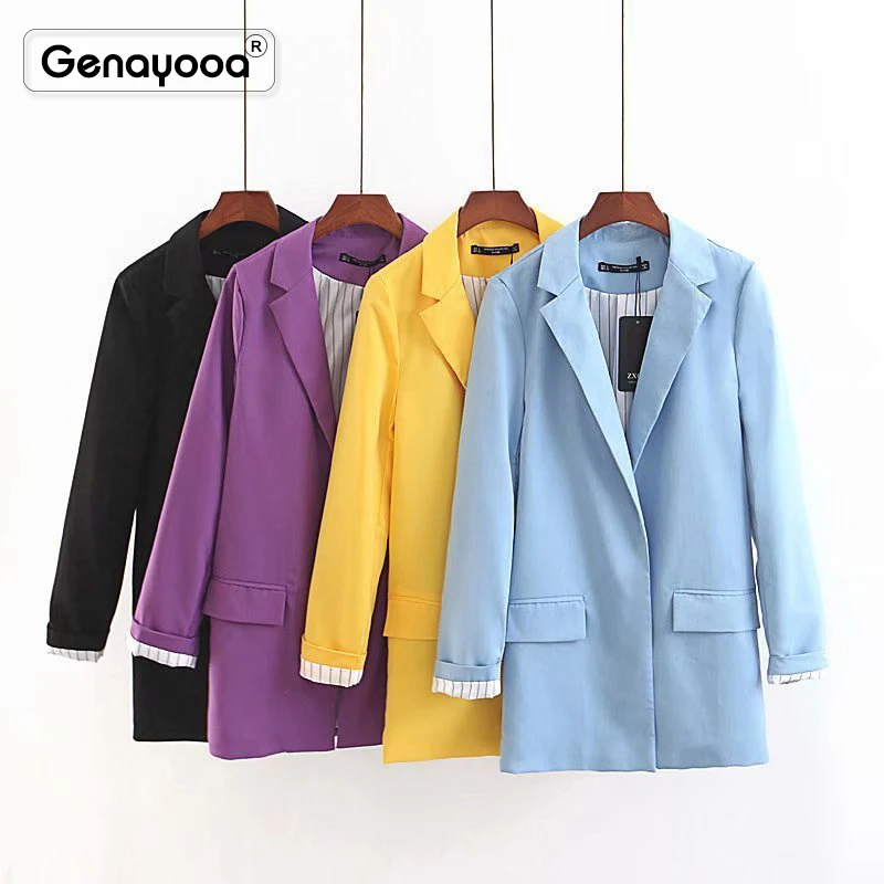 

Genayooa Office Ladies 4 Colors Blazer Women Jacket Yellow 2019 Autumn Elegant Black Blazer Feminino Pocket Coat Woman Outfit