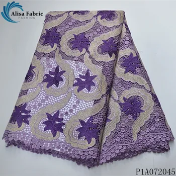 

Alisa purple nigerian guipure lace fabric high quality embroidery with stones african cord lace water soluble fabrics for dress
