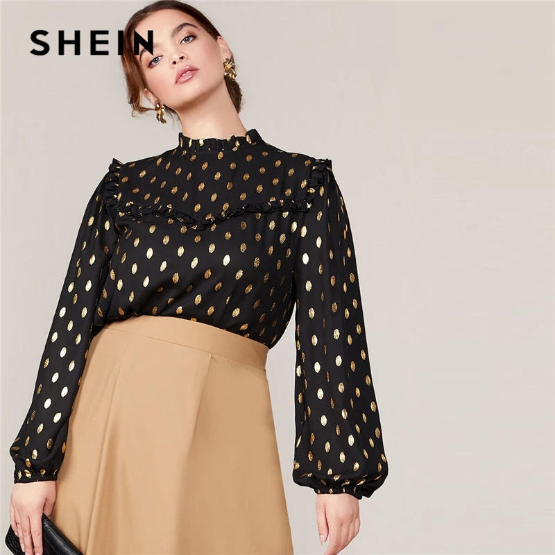 Blusa de mujer SHEIN de talla grande negra con volantes y estampado de puntos dorados, blusa de otoño para oficina, manga de blusas elegantes con de cerradura AliExpress