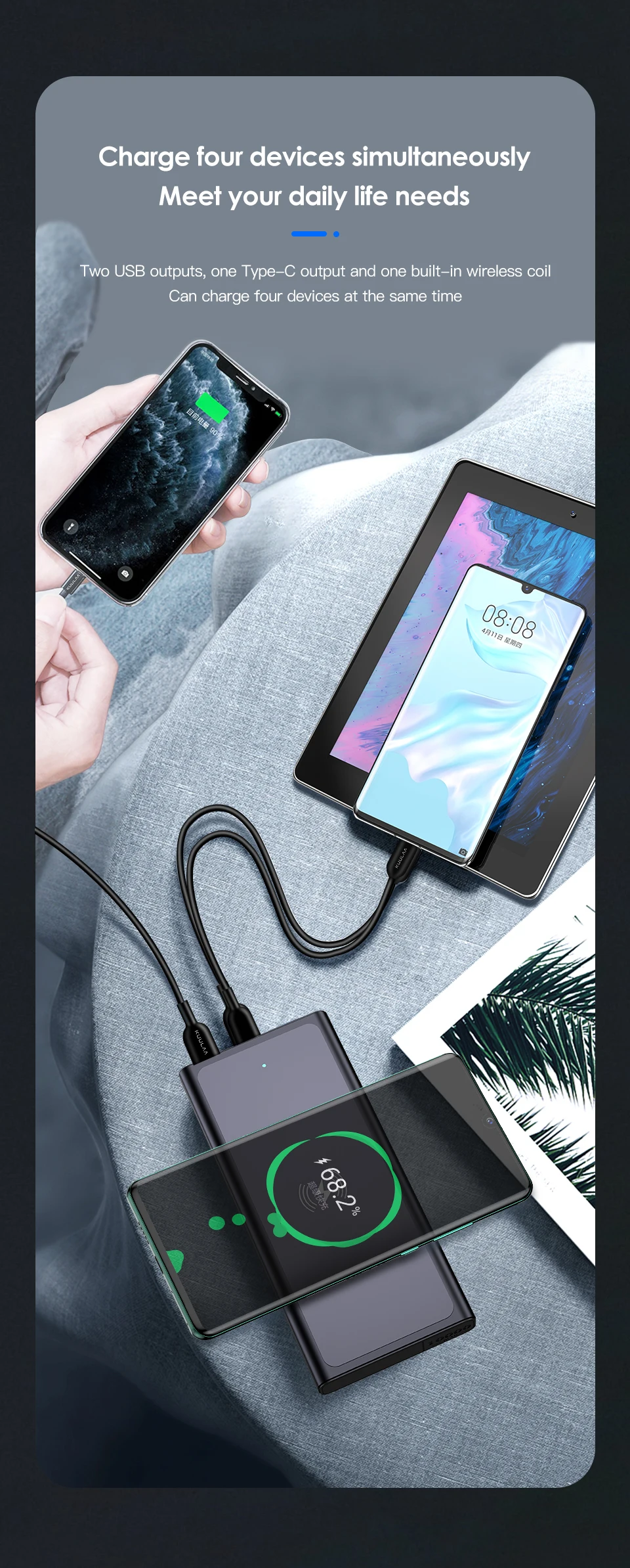 KUULAA 10000mAh Qi Wireless Charger Power Bank IPhone 11 12 Xiaomi PD QC USB Charger Fast Charging Power Bank smart power bank