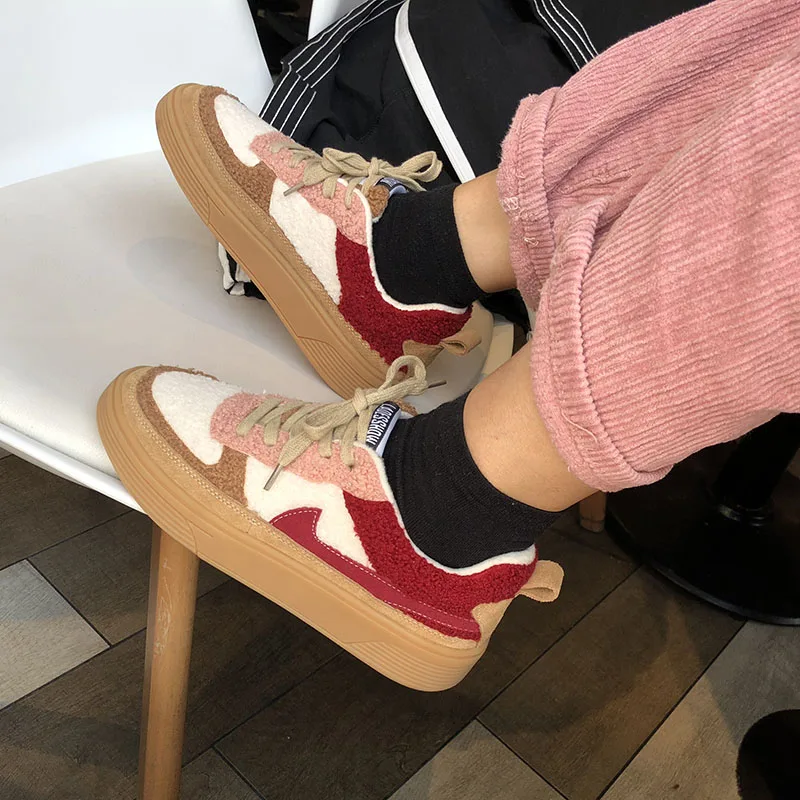 

Genuine Leather Warm Comfort Fur Wool Sneakers Winter Shoes Woman Mixed Color Sneakers Platform qw Women Sneaker Creepers Female