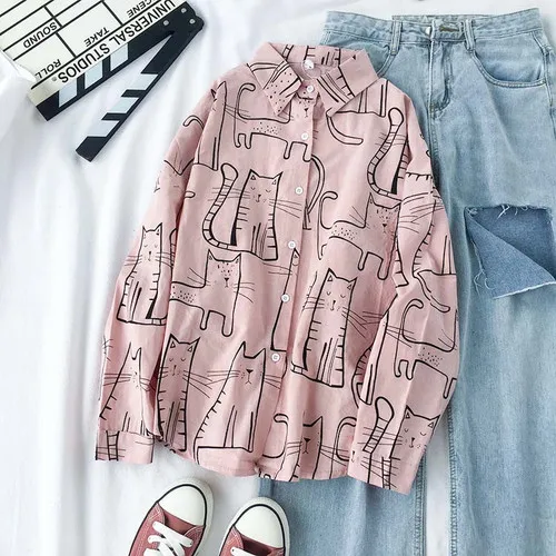 Pink shirt Neploe, отложной воротник, принт с кошкой, длинный рукав, блузка, однобортная, свободная,, весна, осень, новинка, Blusas, повседневная, розовая рубашка, 47344 - Цвет: Pink shirt