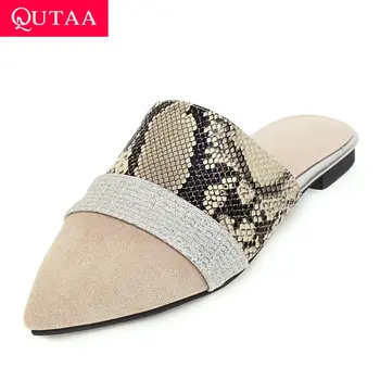 

QUTAA 2020 PU Leather Scrub Flats Snakeskin Mixed Color Fashion Women Sandals Pointed Toe Mules Slingback Ladies Shoes Size34-43