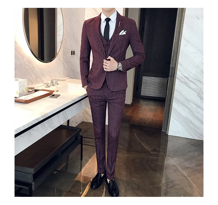 Мужской костюм, приталенный деловой повседневный костюм в полоску, 3 предмета, мужской высококачественный официальный Свадебный костюм жениха(пиджак+ жилет+ брюки