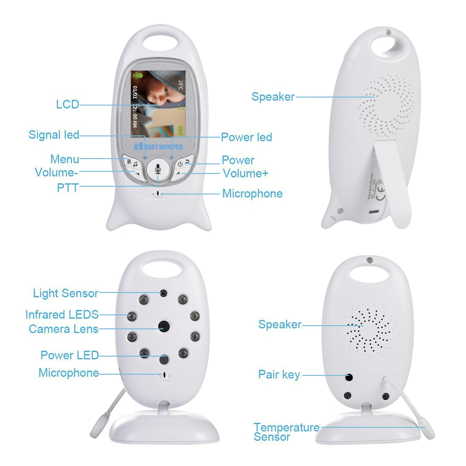 VB601 беспроводной видео детский монитор Цветная камера безопасности 2 способа ночного видения инфракрасный Светодиодный контроль температуры и 8 колыбельных