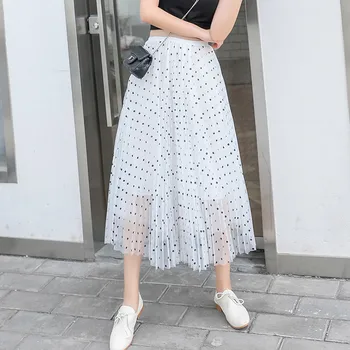 

Skirt High Waist Dot Tulle Skirts Women Spring Summer Elastic Waist Sun Fluffy Tutu Skirt Female Elegant Long Skirt
