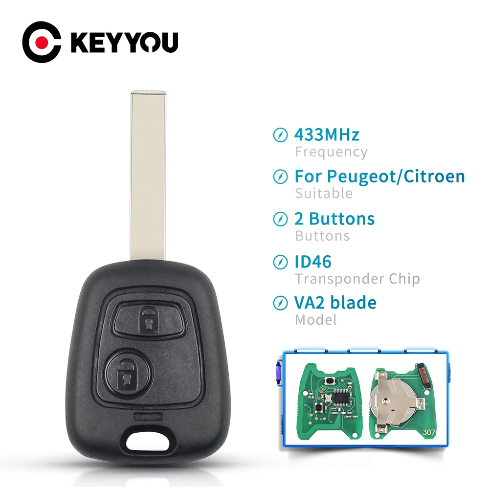 KEYYOU 433 Мгц дистанционный Автомобильный ключ с 2 кнопками для Peugeot 307 Citroen C1 C3 VA2 Blade