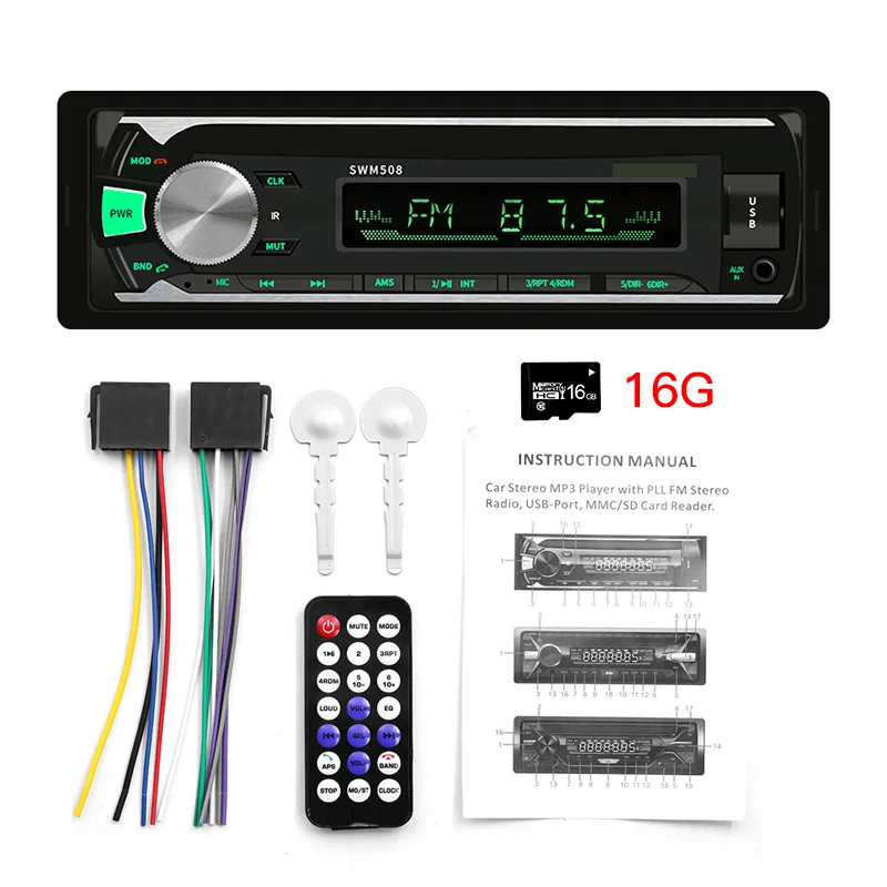 Автомагнитола 1 DIN Авторадио Bluetooth стерео в тире FM Aux вход 1din приемник SD USB MP3 MMC WMA Поддержка красочной кнопки 32G - Цвет: with 16G card