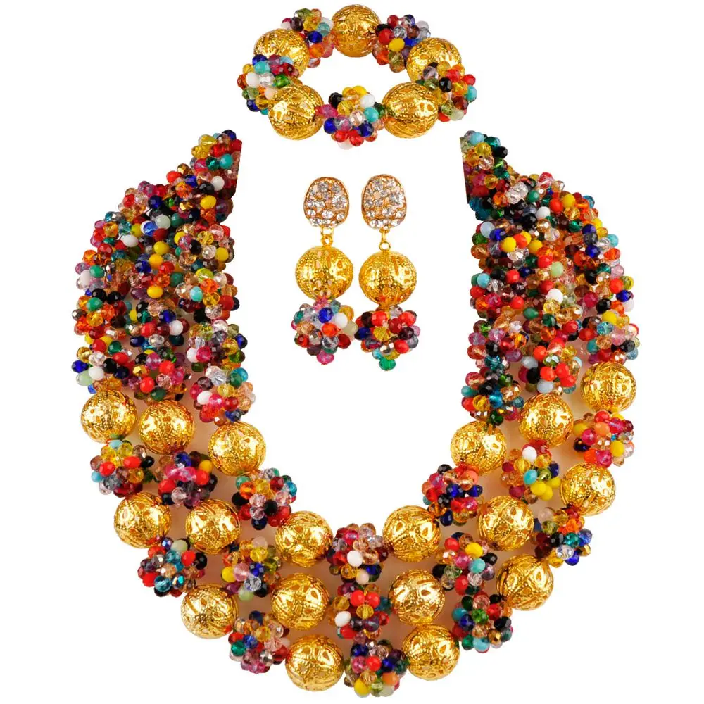 multicolors Majalia синий Африканский комплект ювелирных изделий нигерийские Бусы Свадебные комплекты ювелирных изделий 3qq-6 - Окраска металла: multicolors