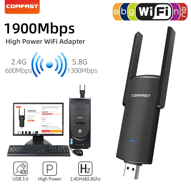 Adaptateur WiFi USB Carte réseau sans fil 1300Mbps, adapté pour ordinateur  de bureau 3.0 WiFi Dongle avec antenne, carte WiFi double bande 2,4 GHz et