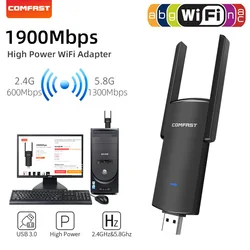 Adaptador de rede sem fio, 1900mbps, usb, 650mbps, dongle usb lan, dual band 2.4 ghz, 5.8 ghz, receptor wi fi para pc