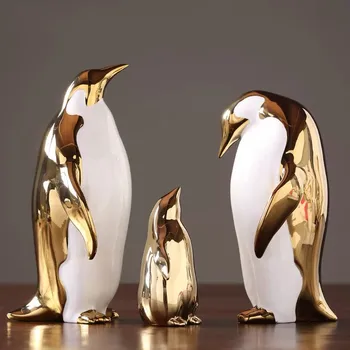 

Nordic Golden Ceramic Penguin Crafts Creative Office Desktop Parlor Ornament Home Decoration Animal Statue Gold Figurine Gifts
