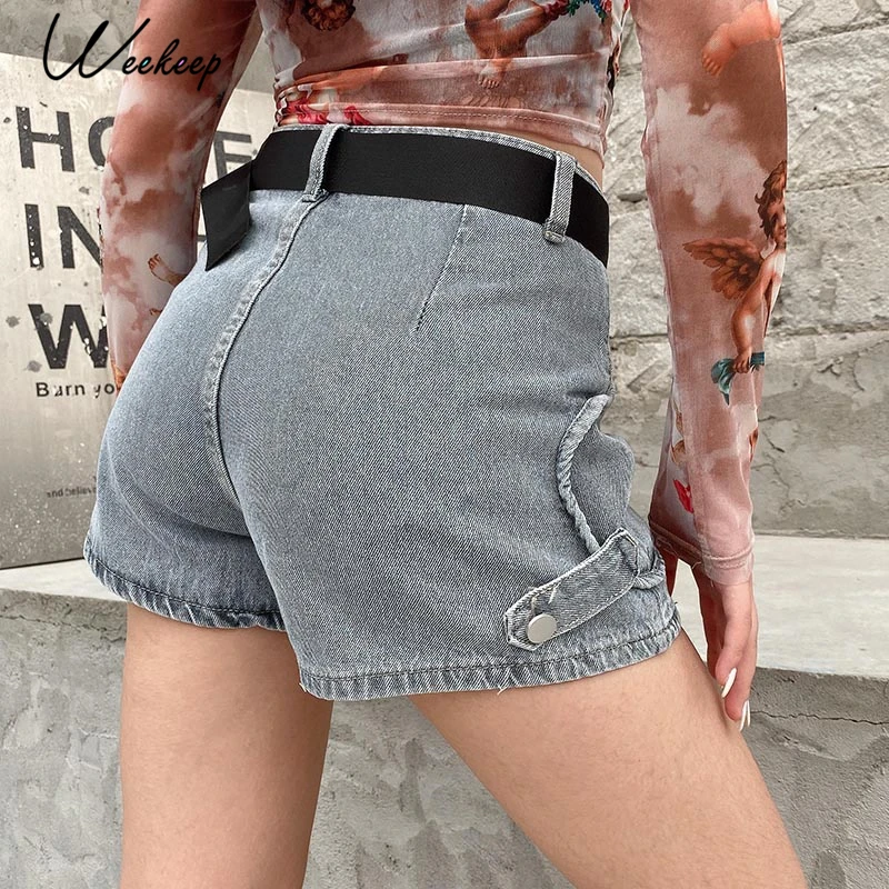 

Weekeep Streetwear Big Pockets Fashion Shorts Women High Waist Bodycon With Belt Short Female 2020 Summer New Arrival Wide Legs