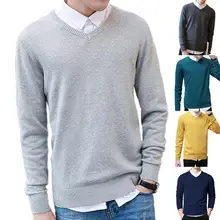 

Wholesales Men Solid Color V Neck Long Sleeve Slim Pullover Plus Size Knitwear Sweater