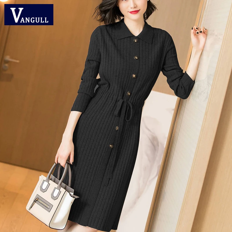 Cheap Vangull Women Knitted Dresses Solid Female Long Sleeve Dress 2019 New Autumn Winter Turn down Collar Button Solid Slim Dresses
