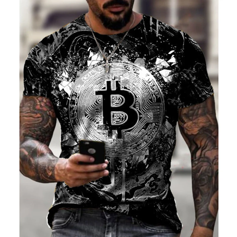 Vendedor Caliente Camiseta holgada de manga corta para hombre, jersey de cuello redondo de talla grande con estampado 3D de Bitcoin, informal B6qpeOj60kk