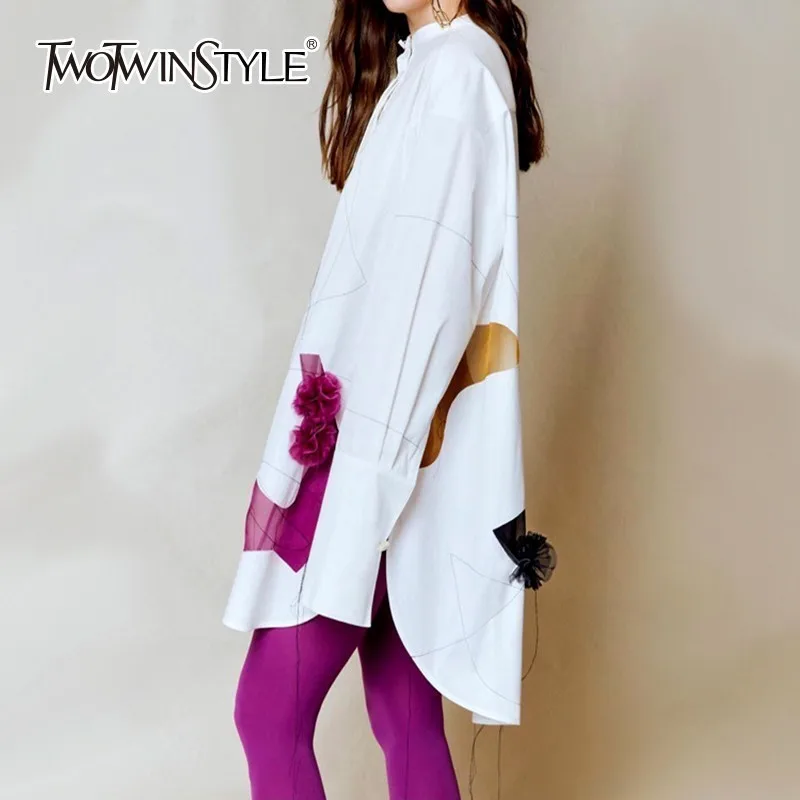 

TWOTWINSTYLE Appliques Patchwork Print Dress Women Hit Color Stand Collar Long Sleeve Oversize Female Dresses Casual 2020 Spring