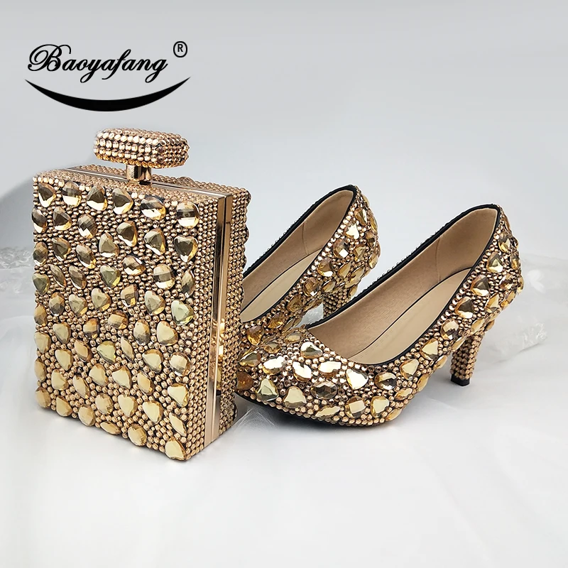 Champagne Golden crystal Wedding shoes with matching bags Women high