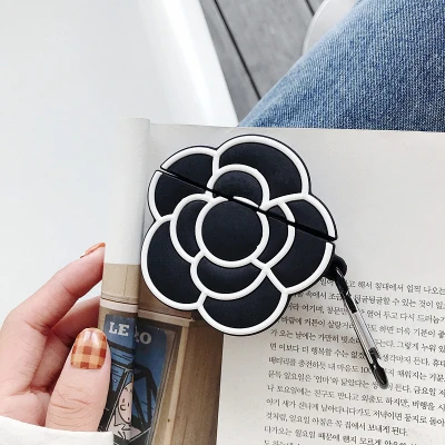 Black Camellia 3D Милые Роскошные черные элегантные камелии цветок силиконовые корпусы гарнитурные для Apple Airpods 1 2 аксессуары защита с брелком - Цвет: Black Camellia