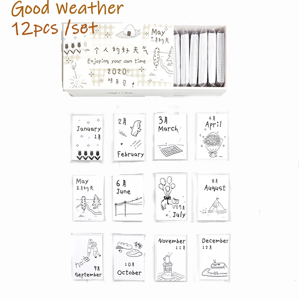 Good Weather 12 шт./компл. 3 стиля мини складной календарь милый ежедневник годовой график Memo домашний декор канцелярские офисные школьные принадлежности - Цвет: Good Weather