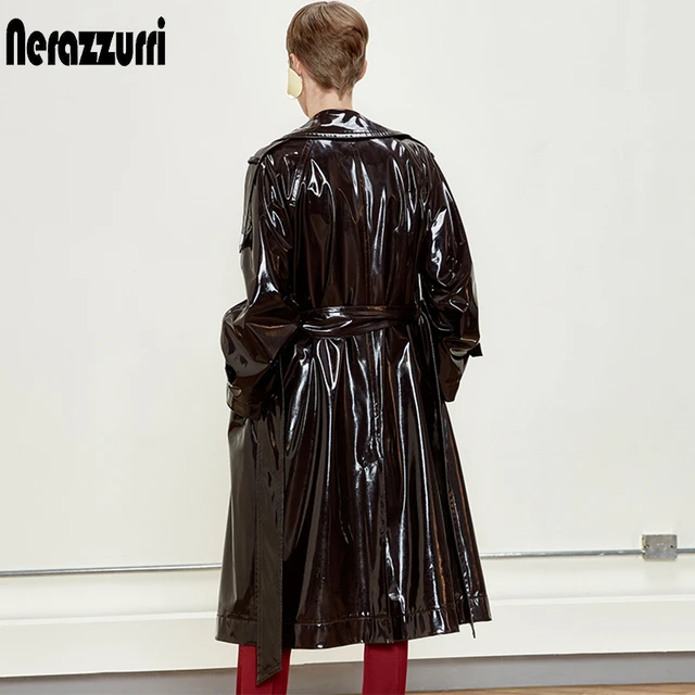 Nerazzurri Long Black Shiny Crocodile Print Patent Leather Trench Coat for  Women Long Sleeve Belt Fall Red Faux Leather Coats - AliExpress