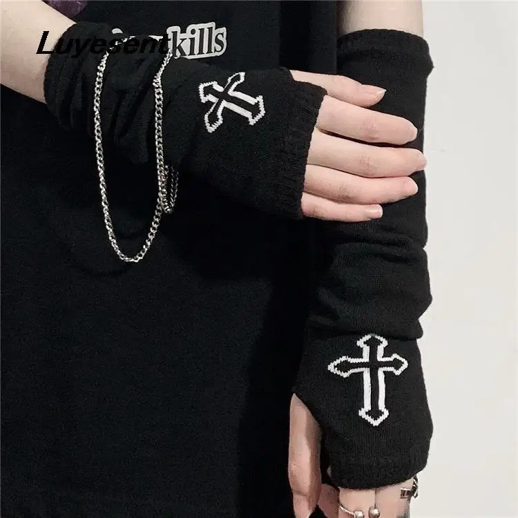 

Black Gothic Unisex Punk Fingerless Knitted Glove Hister Cool Women Man Stretch Cross Dark Goth Outsleeve Gloves Harajuku Mitten