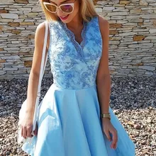 Синие Бальные платья с v-образным вырезом, трапециевидная аппликация, Короткое мини атласное выпускное платье, элегантные коктейльные платья, новое поступление