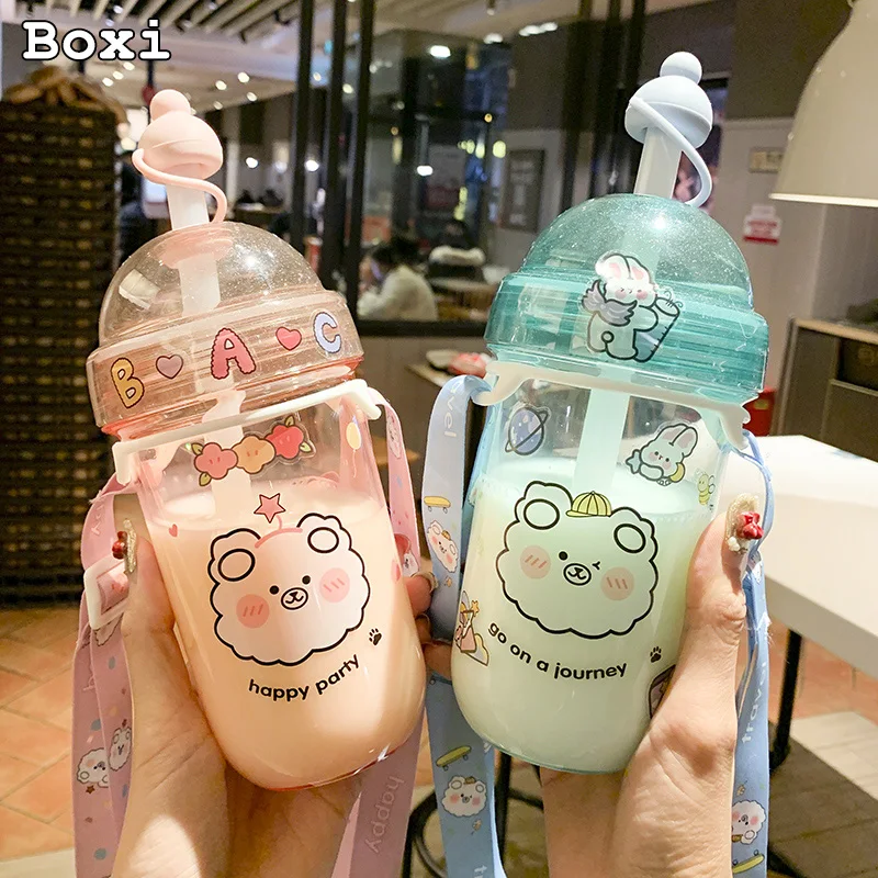 560 Ml Kawaii Bubble Tea Water Bottle With Straw Cap Strap Cute Girl