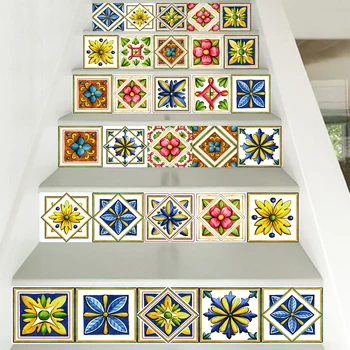 Colorful Watercolors Style Ceramic Tiles Wall Sticker Stair Kitchen Decoration Wall Decal Peel Stick Floral Ornament Art Mural