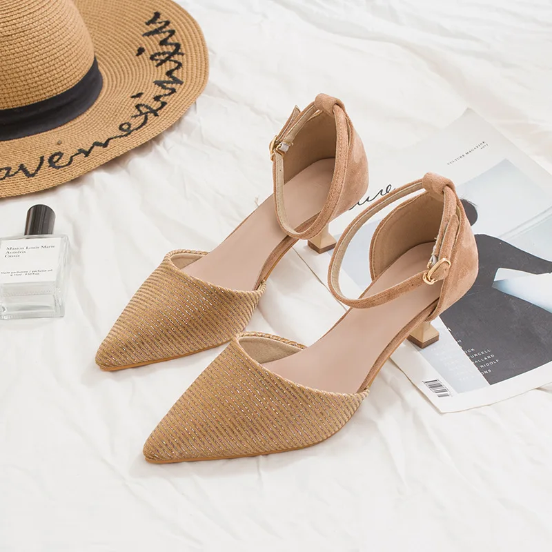 

Women's Pointed-Toe Sandals 2019 Spring And Summer New Style Korean-style Suede Low-Cut Versatile Large Size A- line with High-H