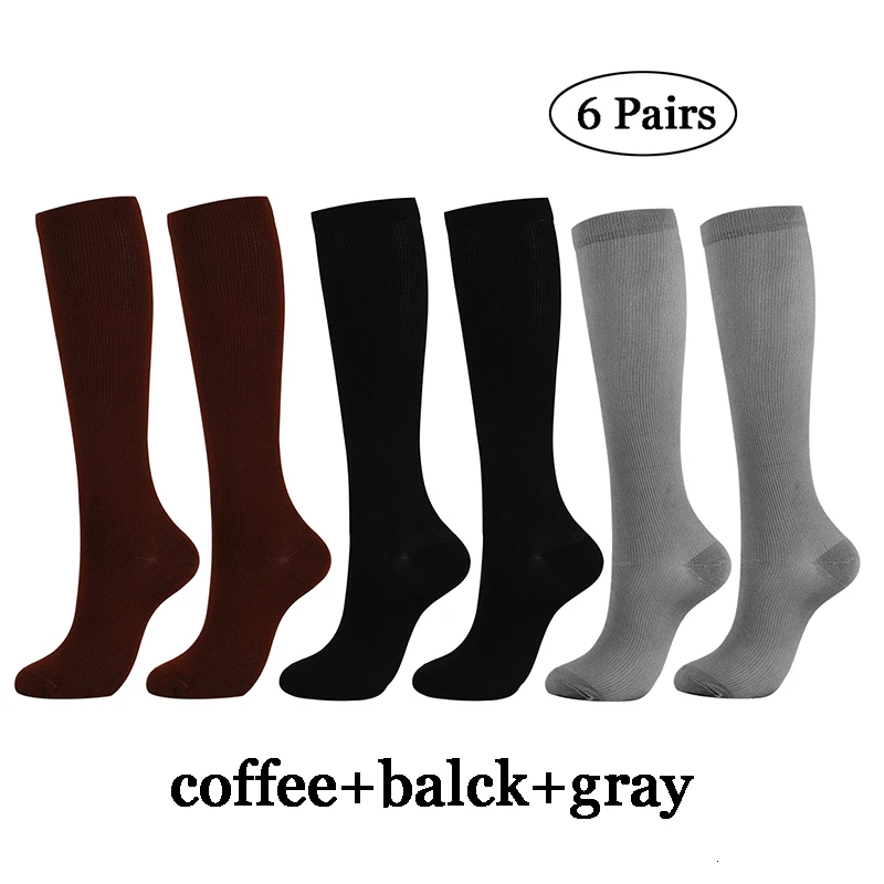 6 пар/лот, белые, черные, серые компрессионные чулки, Компрессионные носки для ног, унисекс, 15-20 мм рт. Ст., для бега, нейлоновые, для мужчин и женщин, спортивные - Цвет: coffee-black-gray