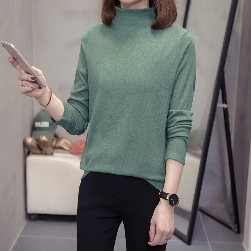 

Fat sister large women's wear fall / winter 2020 new half high collar slim hide meat show thin bottom top