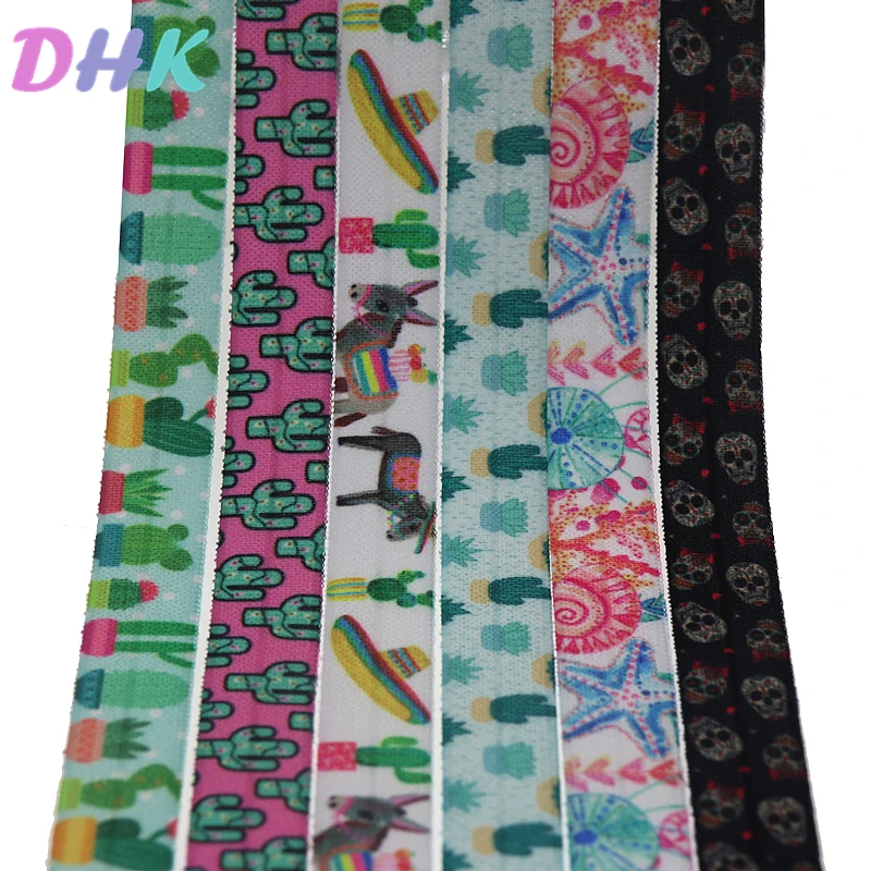 

DHK 5/8'' 5yards cactus skull shell printed Fold Elastic FOE stretch ribbon hairbow headwear headband DIY OEM C1729