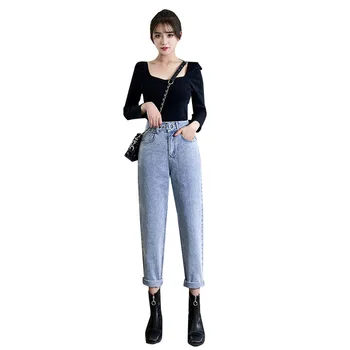 Youth style ripped jeans for women clothing high waisted jeans boyfriend 2020 spring new fashion Harem Pants Zipper Fly blue 4