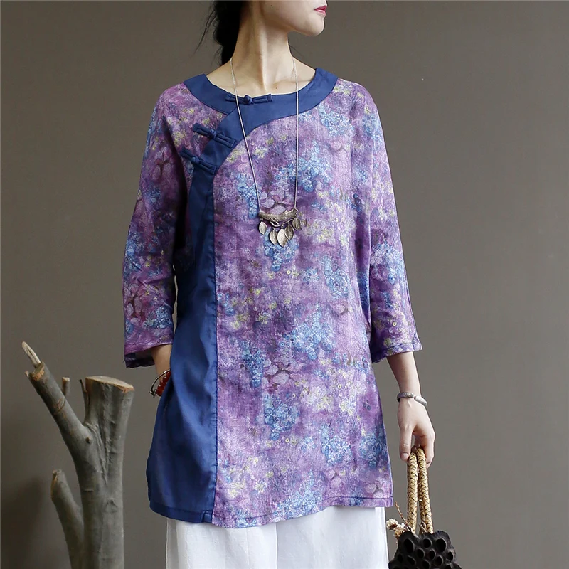 

Johnature Women Patchwork Vintage Shirts Ramie Blouses 2019 Autumn New O-Neck Loose Seven Sleeve Button Women Shirts And Tops