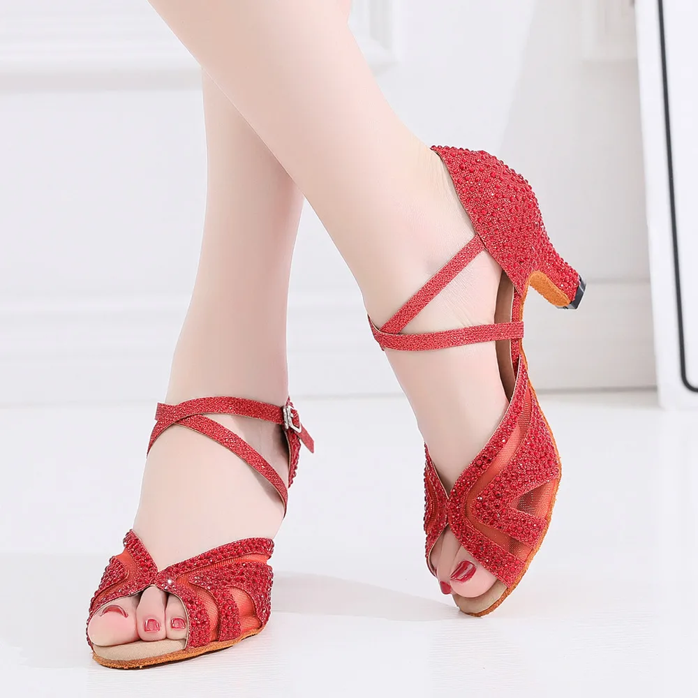 

Fashion Salsa Jazz Tango Outdoor Rubber Sole Plus Size Latin Dance Shoes for Women Dancing Female High Heels Satin Sandals Red