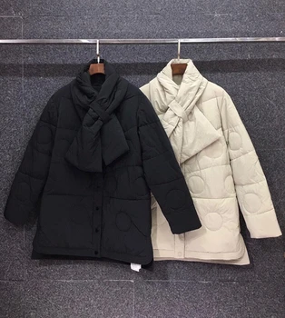 

2020 autumn and winter new women's scarf knotted and removable solid color long-sleeved mid-length down jacket 1101