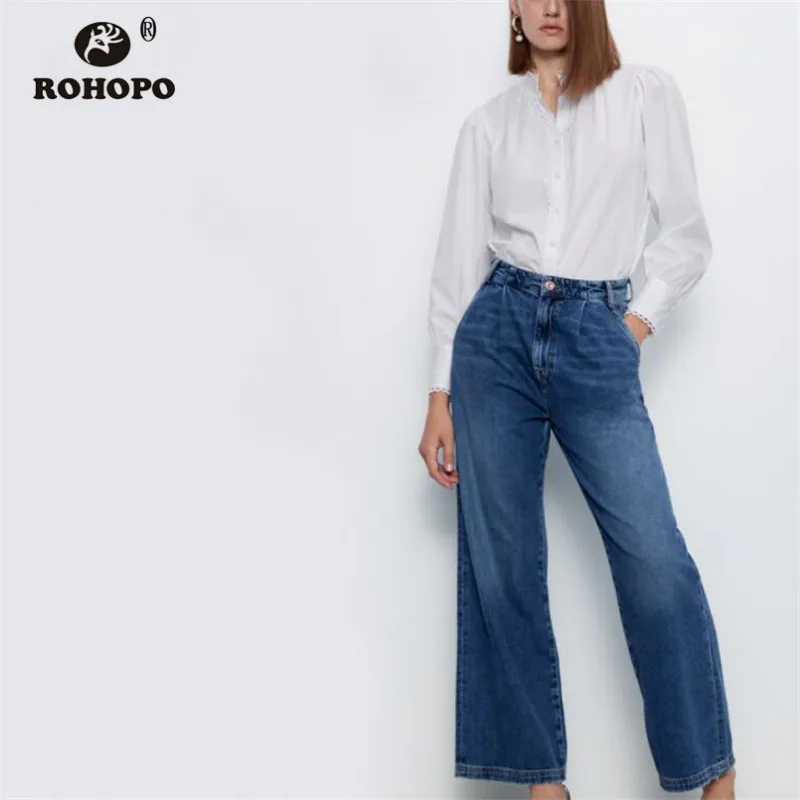 

ROHOPO Long Sleeve Turtle-neck Collar Tonal Scalloped Trimmed Cotton White Blouse Buttons Fly Solid Ladies Chic Top Shirt #9076