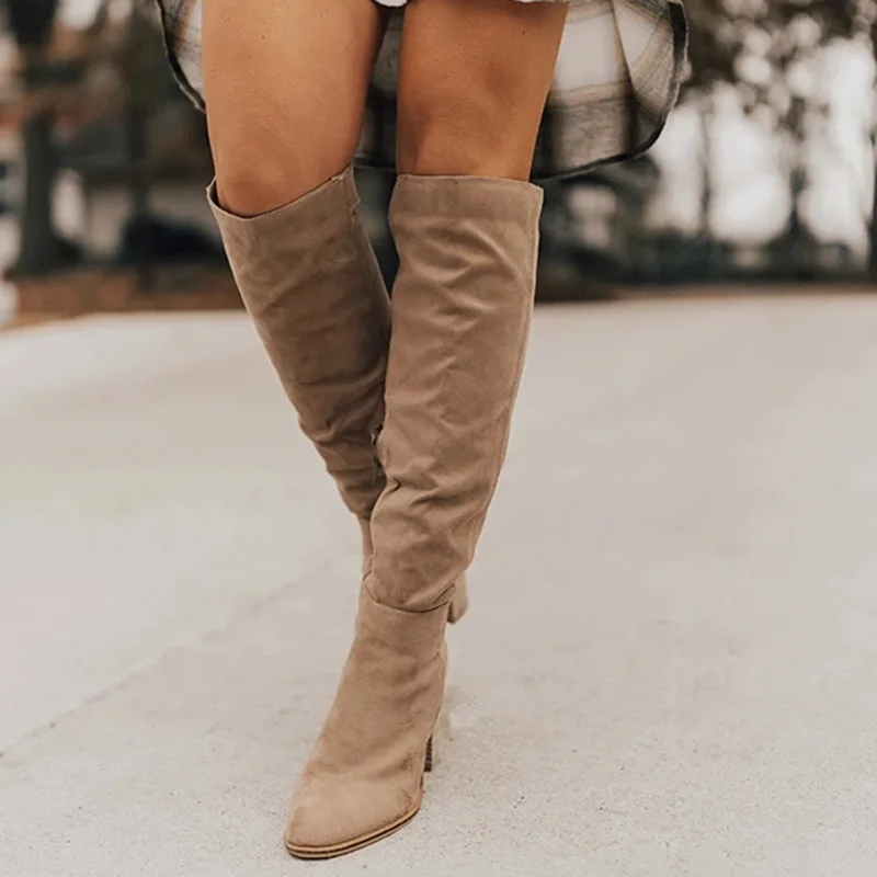 beige Litthing Bota Feminina; женские облегающие высокие сапоги; модные замшевые сапоги на высоком каблуке; женские ботфорты на шнуровке; большие размеры - Цвет: beige