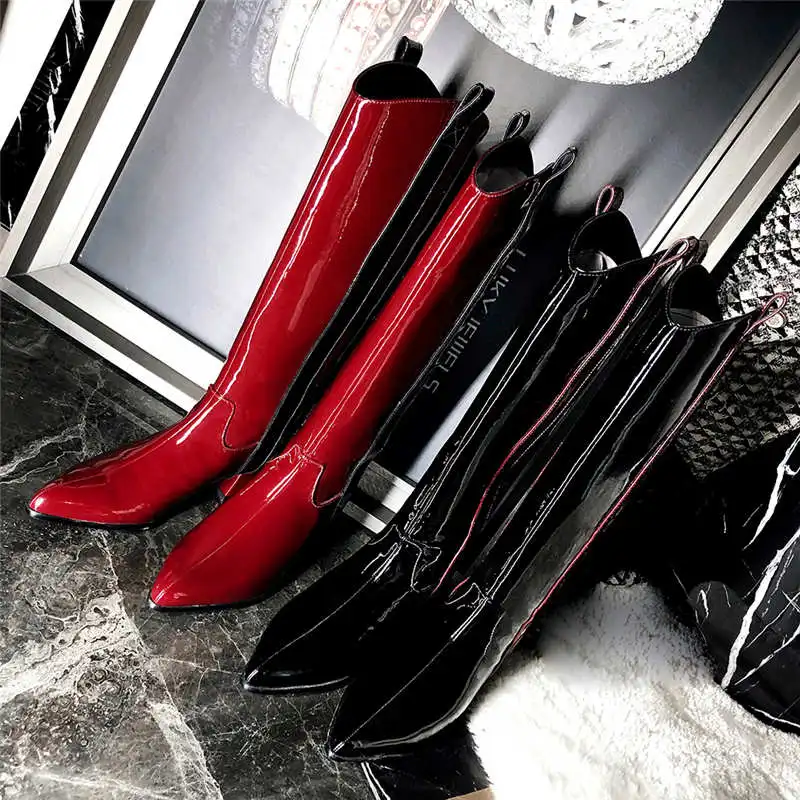 Odetina Women Fashion Pointed Toe Mixed Colors Knee High Boots Lady Patent Leather Side Zipper Block Mid Heel Winter Long Boots