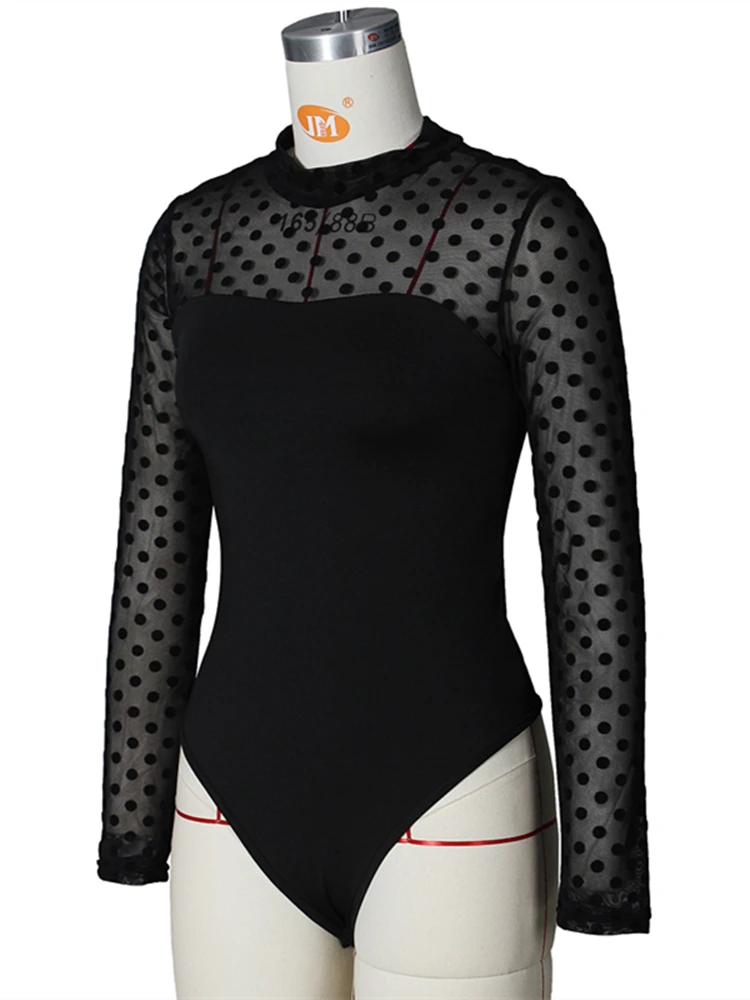 Autumn and Winter New Women Sexy Long-sleeved Bodysuit High-neck Perspective Wave Point Tight Jumpsuit Slim Commuter